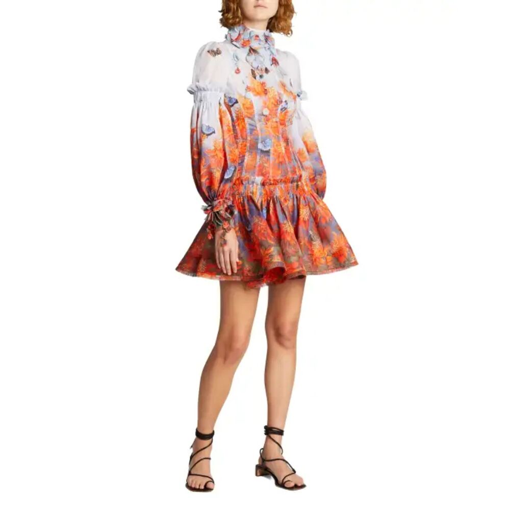 Floral Botanica High Neck Chiffon Mini Dress Women's Size Small